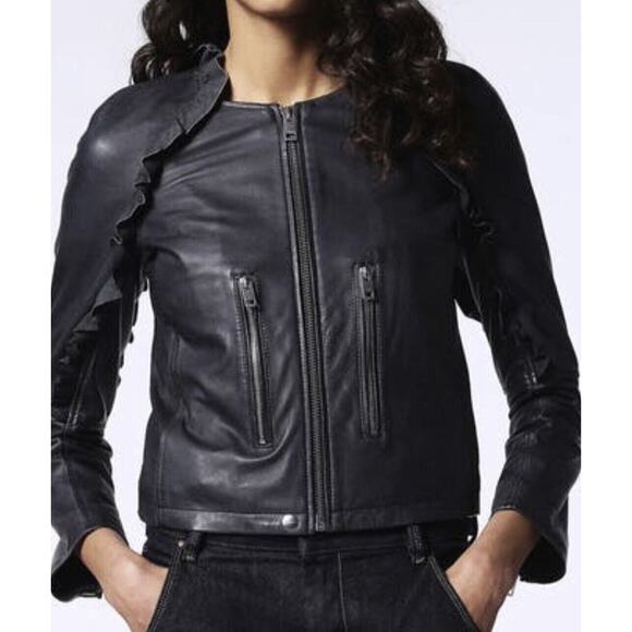 DIESEL Women's LEATHER JACKET Charcoal Gray L’HEZE Ruffle Detail NWT - Picture 8 of 10